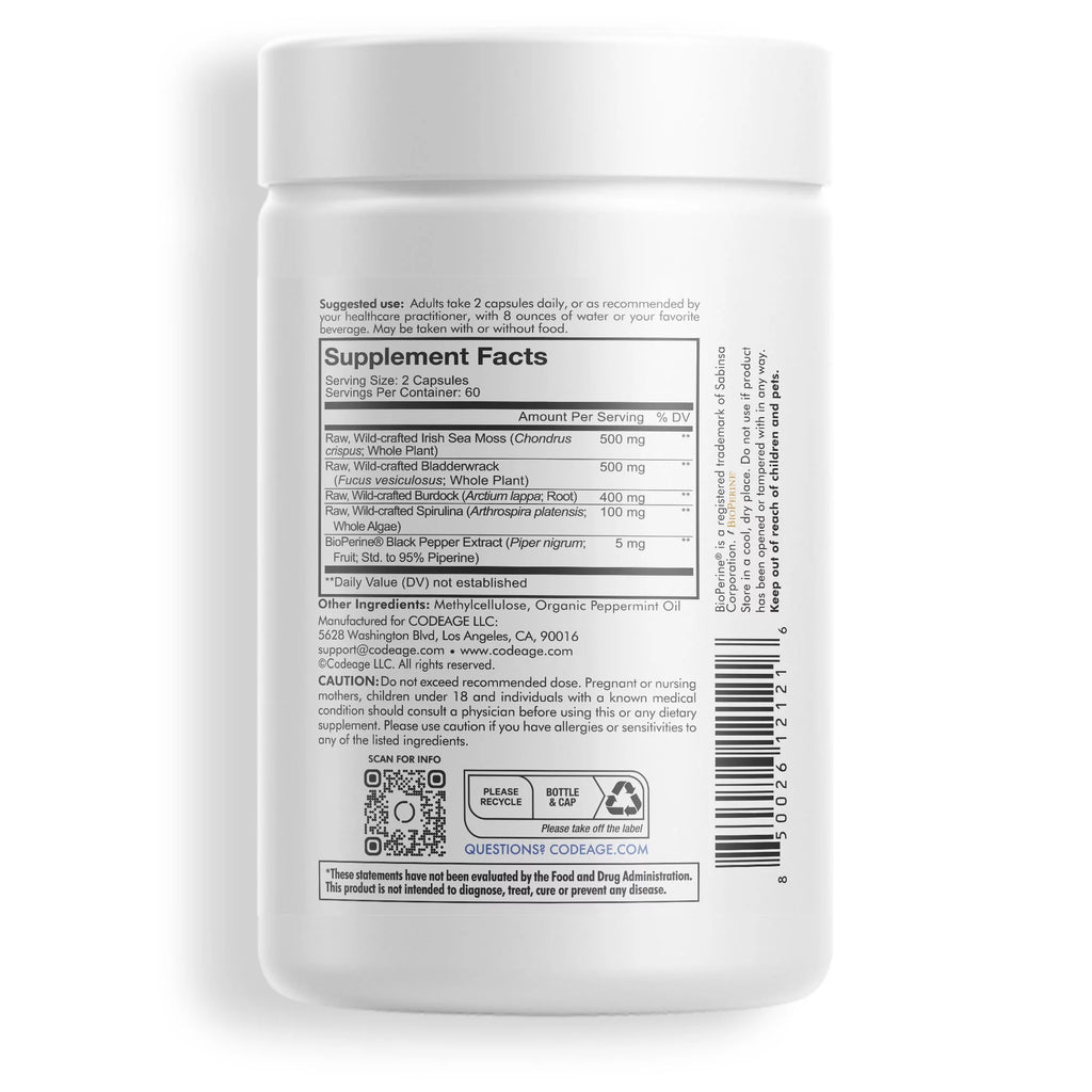 Raw Wildcrafted Irish Sea Moss, Bladderwrack, Burdock Root, Spirulina & Bioperine® Pepper, 120 Ct