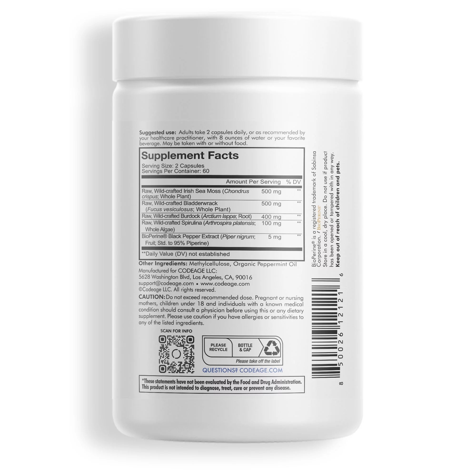 Raw Wildcrafted Irish Sea Moss, Bladderwrack, Burdock Root, Spirulina & Bioperine® Pepper, 120 Ct