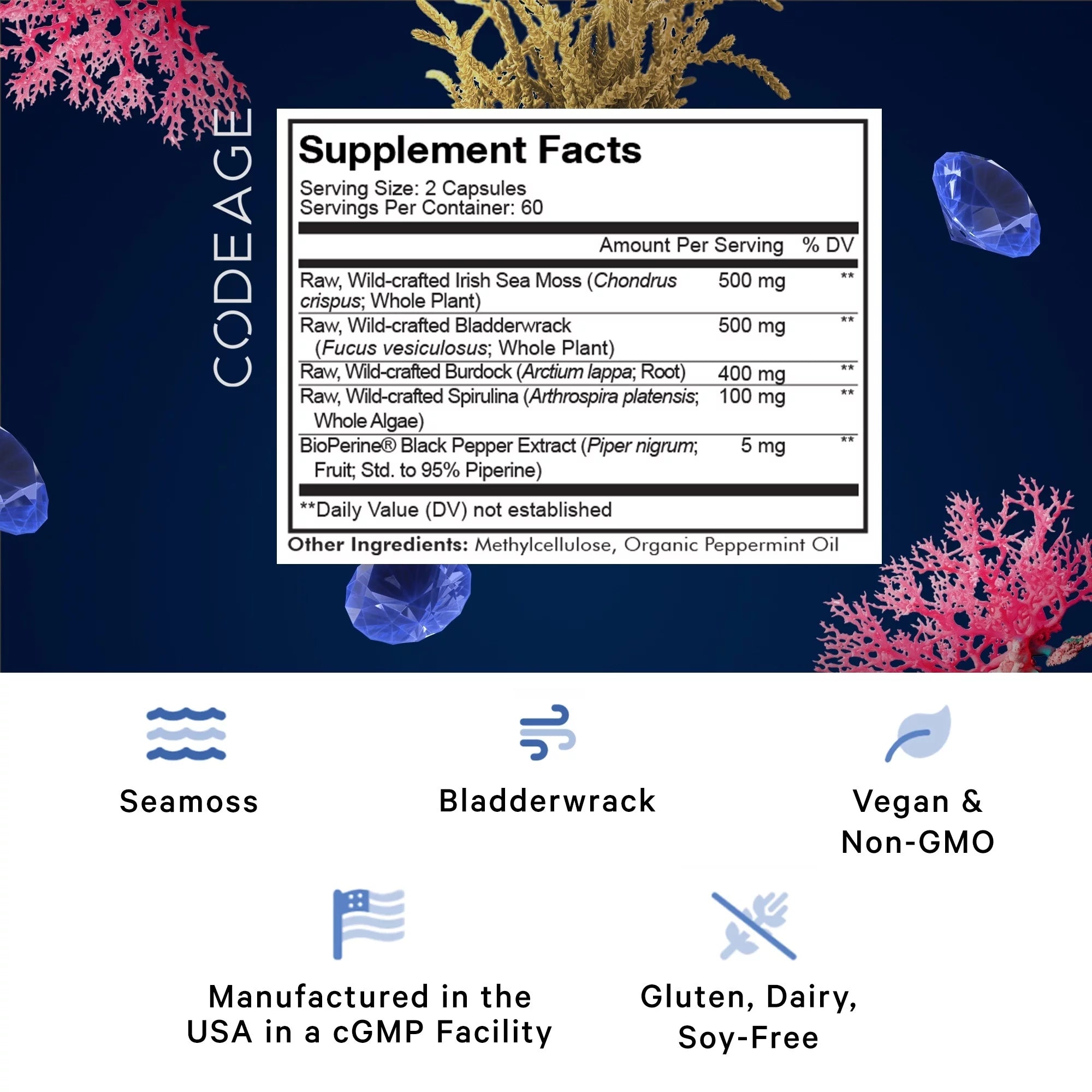 Raw Wildcrafted Irish Sea Moss, Bladderwrack, Burdock Root, Spirulina & Bioperine® Pepper, 120 Ct